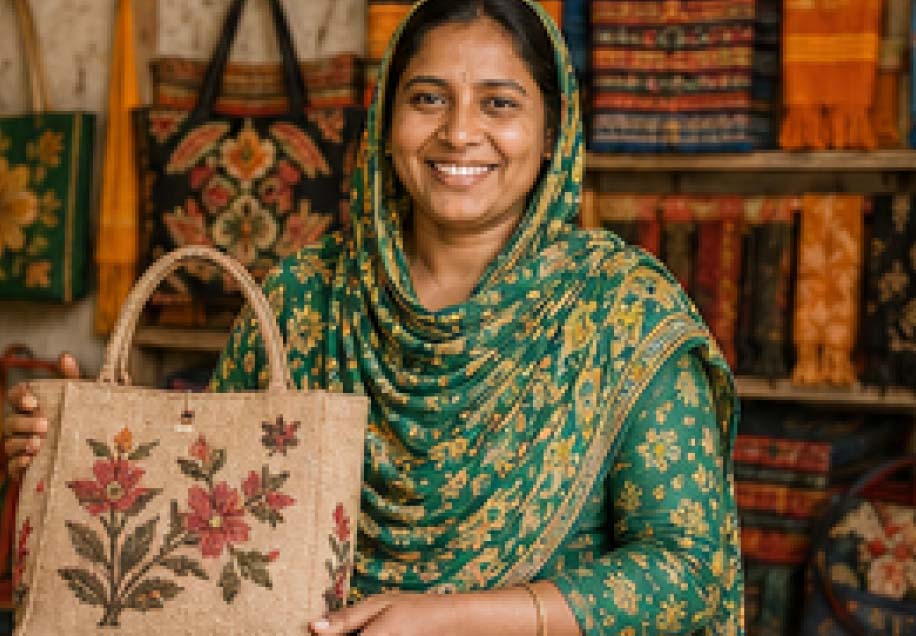 Woman smiling with handmade woven bags